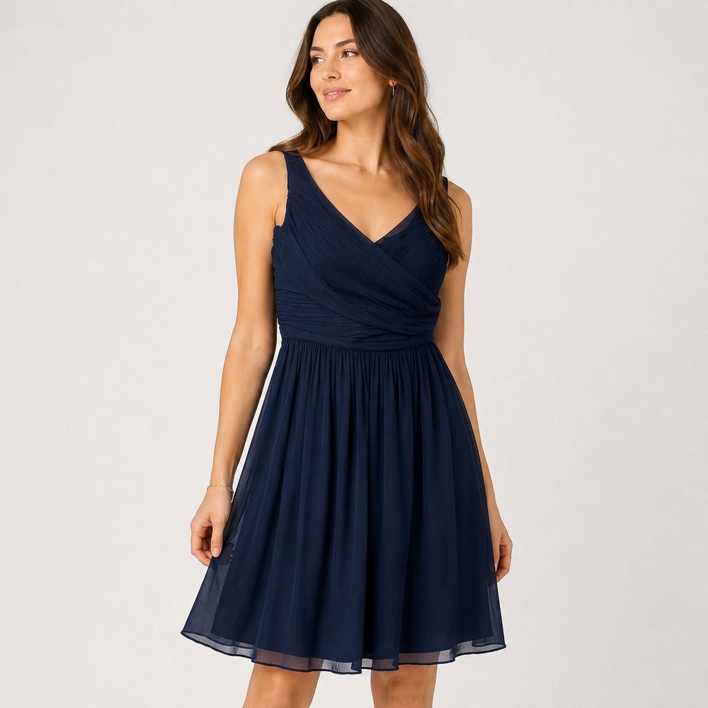 J.Crew Heidi Navy Silk Chiffon Dress Size 4 Ruched V Neck Bridesmaid 93100